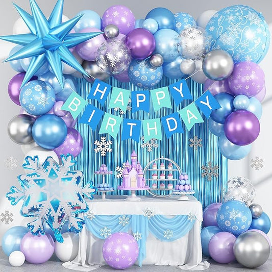Winter Snow Birthday Party Decorations, 4D Snowflake Winter Wonderlan Balloon Garland Arch Kit Blue Purple Silver Balloons for Princess Baby Its Cold Outside Onderland Birthday Party Decoration