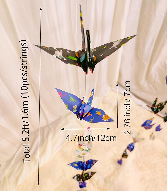 Space Dinosaur Crane Paper Hanging Garlands(3stringsX 5.2ft), Colorful Planet and Animal Origami Birds Streamers for Baby Shower Birthday Party Supplies Boy Bedroom Garden Hanging Decor