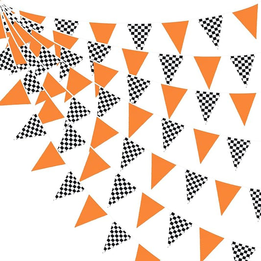 32Ft Orange Black White Checkered Racing Car Party Decorations Race Car Fabric Banner Triangle Flag Pennant Garland Streamers for Kids Birthday Baby Shower NASCAR Theme BBQ Bar Picnic Outdoor Decor