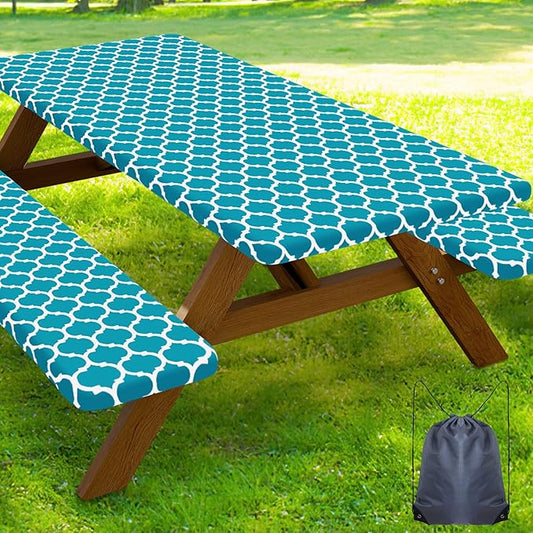 Smiry Picnic Table Cover with Bench Covers, Waterproof Elastic Fitted Tablecloth for 8 Foot Tables, Washable Polyester Tablecloths for Camping, Indoor & Outdoor (Aqua, 30x96 Inch 3-pc Set)