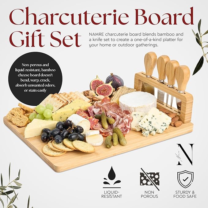 Namre' Charcuterie Board Gift Set: Insulated Travel Bag-Charcuterie Trays - Bamboo Cheese Board for Wedding Gifts - Holiday Gift for Woman -House Warming Gift Cheese Set 16''x11''
