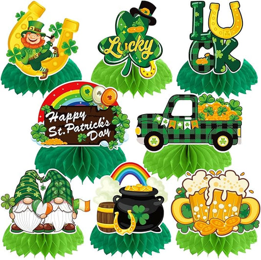 JULMELON St. Patrick's Day Table Decorations Honeycomb Centerpiece, 8pcs Shamrock Leprechaun Lucky Gold Coin Table Topper Irish Party Home Decor
