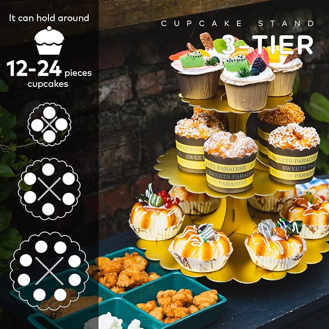 Matte Gold Cupcake Stand, 3-Tier Heart Handle Cardboard Dessert Display Tower, Perfect for Wedding Birthday Party Decorations (2-Pack)