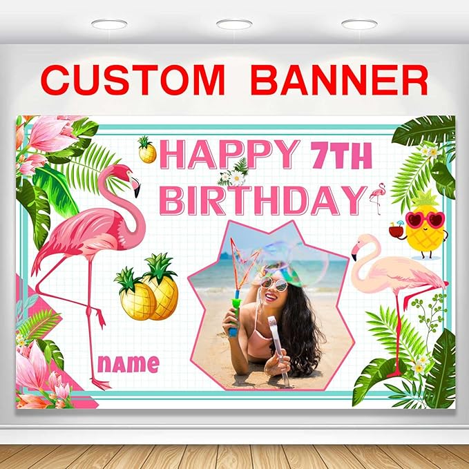 Custom Flamingo Hawaiian Tropical Happy Birthday Party Decorations Supplies Personalized Flamingo Hawaiian Tropical Birthday Luau Party Backdrop Banner(4x6ft)