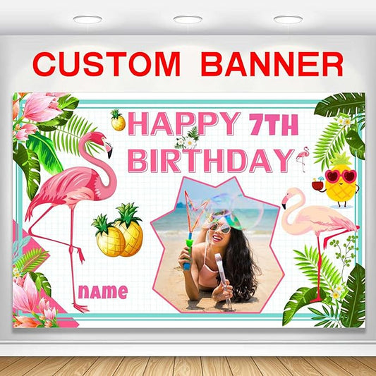 Custom Flamingo Hawaiian Tropical Happy Birthday Party Decorations Supplies Personalized Flamingo Hawaiian Tropical Birthday Luau Party Backdrop Banner(4x6ft)