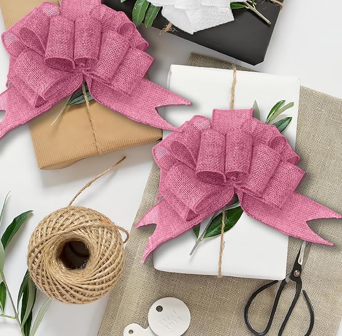 Pink Burlap Ribbon 2 inch X 10 Yard Natural Burlap Woven Wired Ribbons DIY Handmade Edging Production Wreath Holiday Decoration Gift Ribbon for Gift Wrapping Pink Ribbons