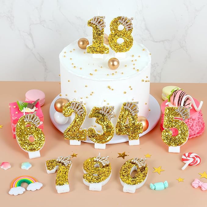 Gold Birthday Candle Crown Number 1 Candle with Sequins 1st Cake Candles Cupcake Decorations Party Decor for Anniversary Celebrations Supplies