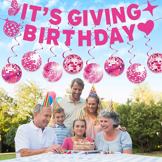 Pre-Strung Pink Birthday Decorations - Girls Women's 10PCS It's Giving Banner Hanging Swirls Decorations Supplies Cheers to Girl's Party