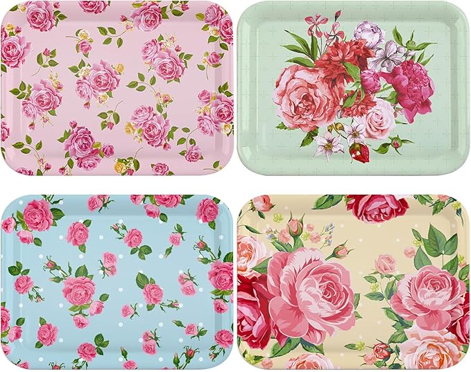 4 Pieces Serving Trays Melamine Platters Reusable Rectangle Party Trays for Theme Party Food Dessert Serving Supplies, 13 x 9.7 inch(Colorful,Flower)