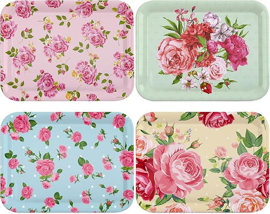 4 Pieces Serving Trays Melamine Platters Reusable Rectangle Party Trays for Theme Party Food Dessert Serving Supplies, 13 x 9.7 inch(Colorful,Flower)