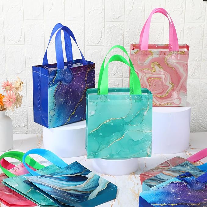 Sweetude 40 Pcs Marble Gift Party Favor Bags with Handle, Non Woven Goodie Bags Birthday Favor for Birthday Baby Shower Packaging Supplies