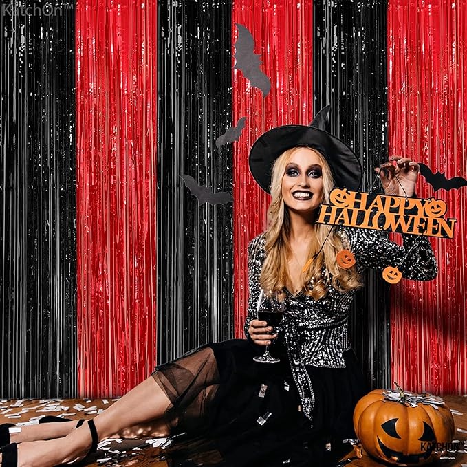 XtraLarge Black and Red Fringe - 8x3.2 Feet, Pack of 4 | Metallic Black and Red Fringe Curtain for Disco | Red and Black Party Decorations | Red and Black Foil Fringe Curtain for Halloween Decorations