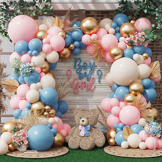 Gender Reveal Balloon Arch Kit,151pcs Light Pink Dusty Blue Sand White Chrome Gold Balloons For Boho Neutral Gender Reveal Oh Baby Shower Bear Birthday Party Bachelorette Decorations