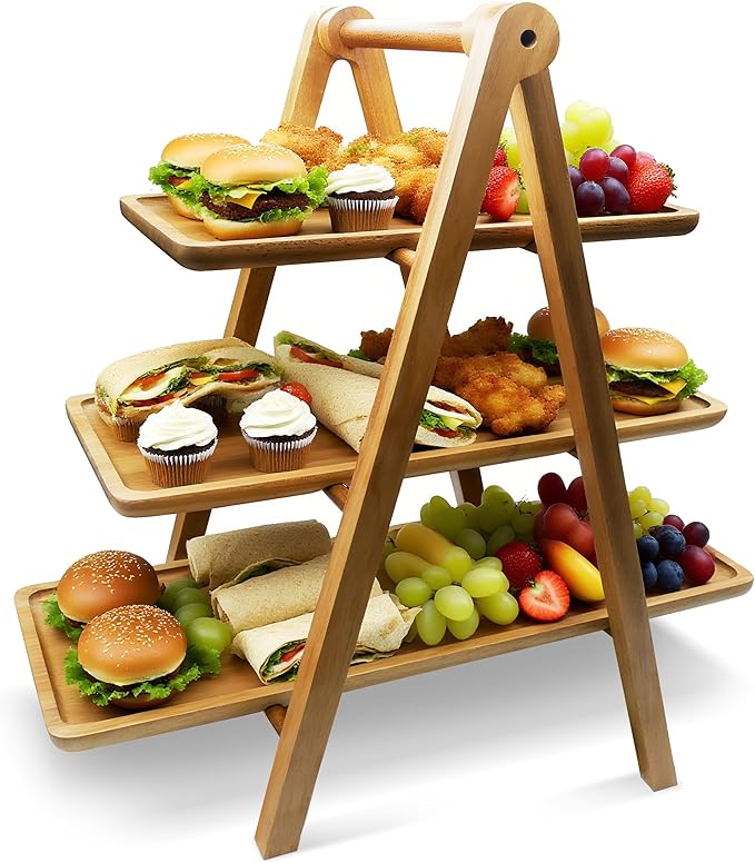 Acacia Wood 3 Tier Foldable Serving Tray – Rectangular Farmhouse Stand for Charcuterie Board, Cupcake, Dessert, Party Wedding Decor, Small Flower Pot Display, Easy Storage