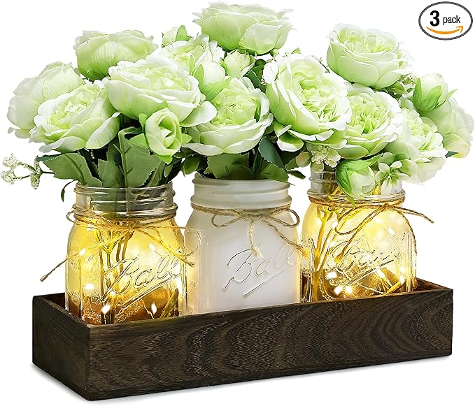 Mason Jar Table Centerpiece with Wood Tray, Fairy Lights, and Fake Flowers for Dining Room, Farmhouse Coffee Table Decor for Kitchen Living Room - Green