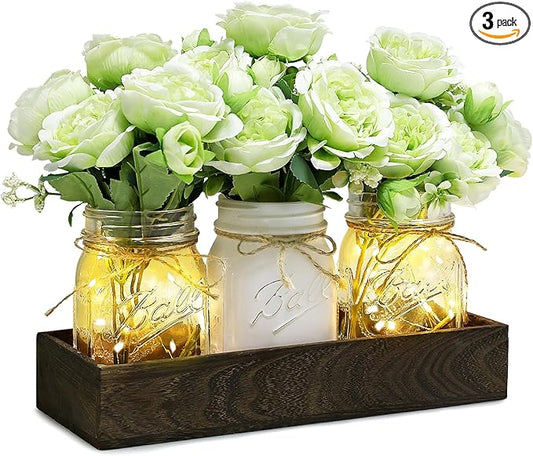 Mason Jar Table Centerpiece with Wood Tray, Fairy Lights, and Fake Flowers for Dining Room, Farmhouse Coffee Table Decor for Kitchen Living Room - Green