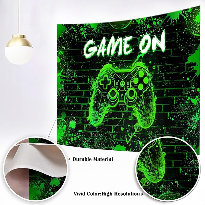 Mocsicka Game On Backdrop Video Game for Boys Level Up Birthday Party Decoration Game Night Arcade Neon Glow Gamer Banner Photography Background (Green, 10x7ft(120"x82"))