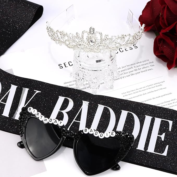 KICOSY 3PCS Birthday Baddie Sash, Crystal Crown and Sunglasses Funny Baddie Outfits Birthday Party Accessories