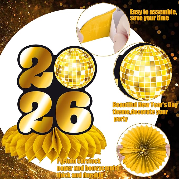 Happy New Year Honeycomb Centerpieces 2026 New Years Eve Party Decorations 12PCS New Years Decor Hello 2026 Table Centerpieces for Cheers to 2026 Celebration Supplies