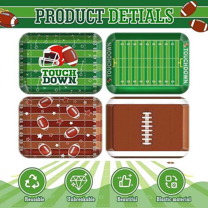 4 Pieces Serving Trays Melamine Platters Reusable Rectangle Party Trays for Theme Party Food Dessert Serving Supplies, 13 x 9.7 inch(Green,Football)