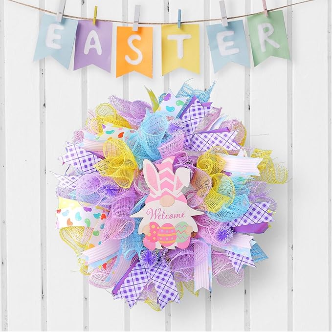5 Rolls Easter Mesh Ribbon for Wreath, 10 Inch x 30FT Per Roll Metallic Foil Deco Mesh Rolls Light Pink Blue Yellow Purple Snowball Rainbow Decorative Mesh for Spring Easter Baby Shower Decor