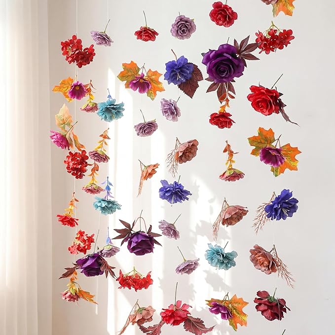 Suncalla 2 Pcs 6.6 ft Artificial Flower Garland Spring Wildflower Vines Backdrop Floral Hanging Ceiling Garland for Tea Birthday Wedding Bridal Shower Baby Shower Backdrop Wall Decor(Dark Color)