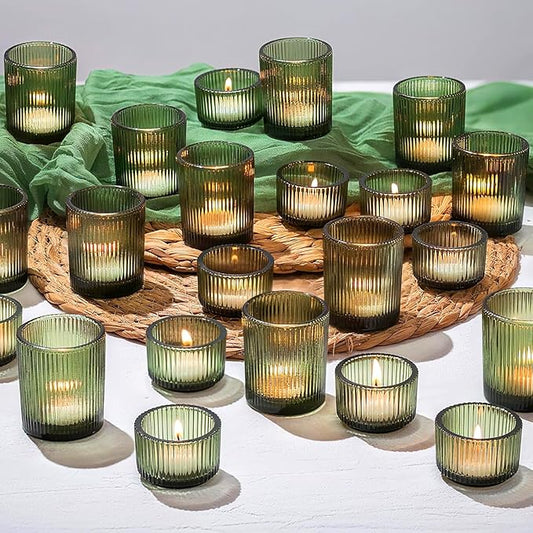 36 Pcs Vintage Green Ribbed Glass Tealight Holders Bulk, 18 Large & 18 Small Candle Holders for Christmas, Table Centerpieces, Wedding Decor, Birthday & Home Party Ambiance