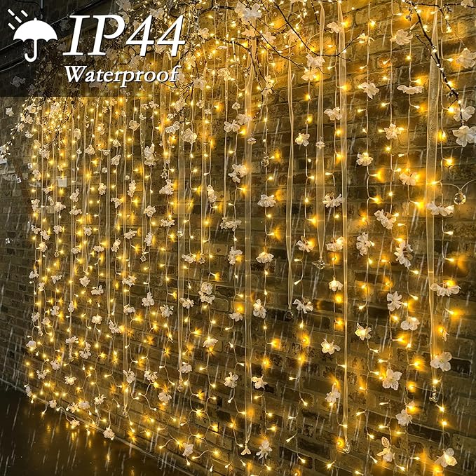 200 LED Curtain String Lights 9.8 * 6.6FT Plug in Fairy with Timer and 8 Modes, Waterproof Window Wall for Bedroom Wedding Party Indoor Outdoor Christmas Decor