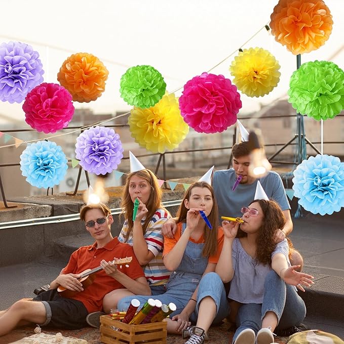 12 Pcs Tissue Paper Pom Poms Flowers for Birthday Party Mexican Party Fiesta Classroom Playroom Festive Decorations