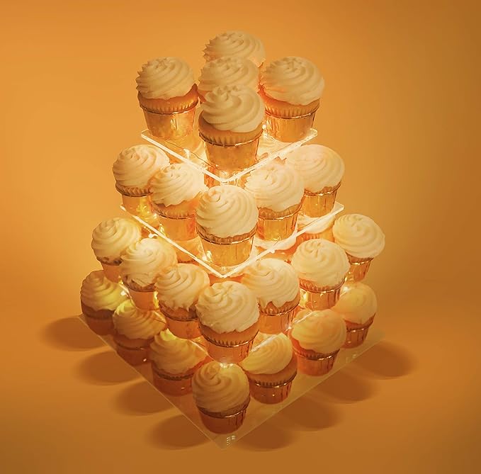 Jusalpha 4 Tier Square Cupcake Stand Serving Tray Acrylic Cupcake Tower - Ideal for Weddings Birthday Parties, Candy Bar Decor (Warm Power Charge : Battery)