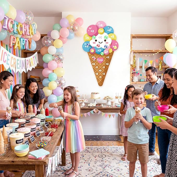 Seenelling Ice Cream Party Game 26 x 14 Ice Cream Dart Board with 12 Sticky Balls Toys Summer Games Two Sweet Birthday Decorations Three Scoops of Fun Birthday Decor Party Favors