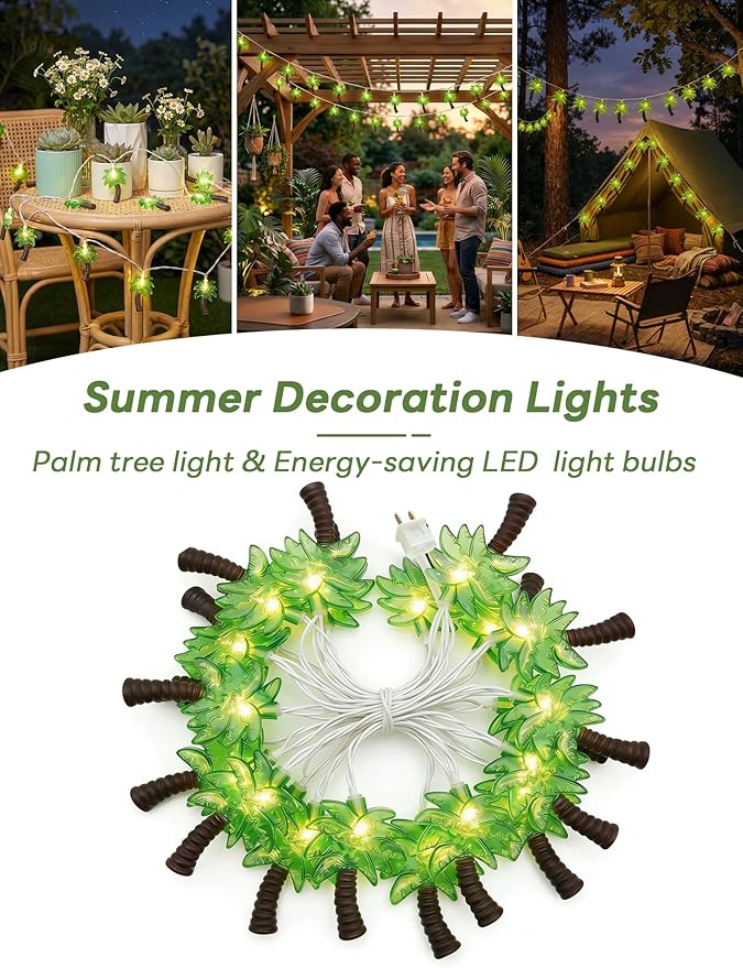 12Ft Summer Beach Hawaiian String Lights - 20 LED Palm Tree Lights for Luau Pool Decor, Hawaii Theme Summer Outdoor Indoor Tropical Party Decorations