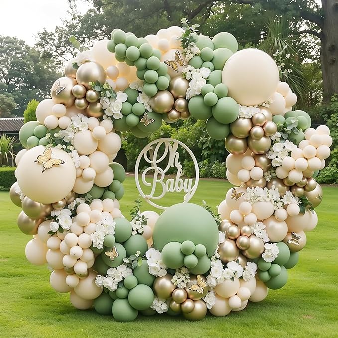 Sage Green Gold Balloon Arch Kit, Sage Green Sand White Beige Metallic Gold Balloons Garland Kit for Bridal Shower Birthday Wedding Jungle Safari Party Decor...