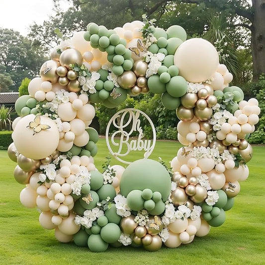Sage Green Gold Balloon Arch Kit, Sage Green Sand White Beige Metallic Gold Balloons Garland Kit for Bridal Shower Birthday Wedding Jungle Safari Party Decor...
