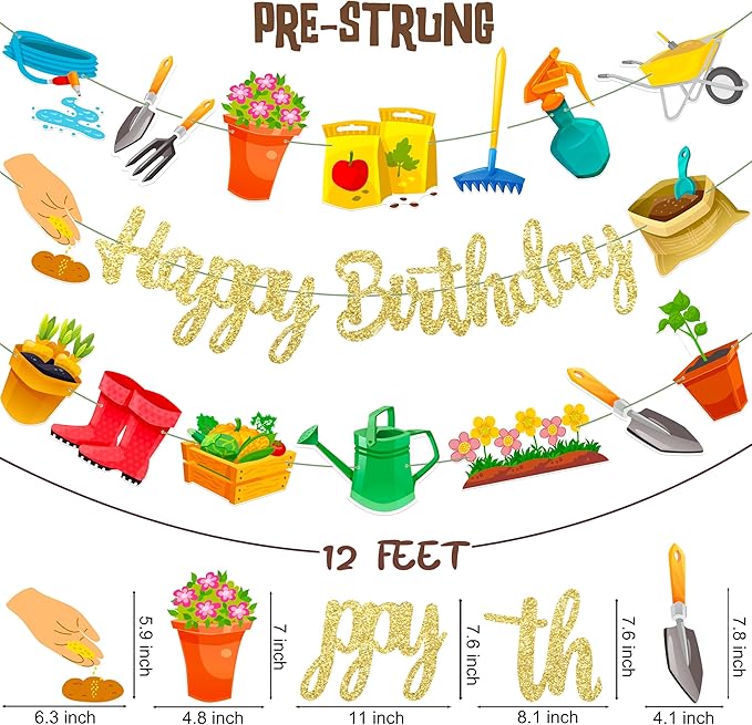 Garden Birthday Party Decorations 3Pcs Gardening Tool Theme Banner Garlands Gardening Birthday Hanging Decorations for Spring Theme Party Supplies