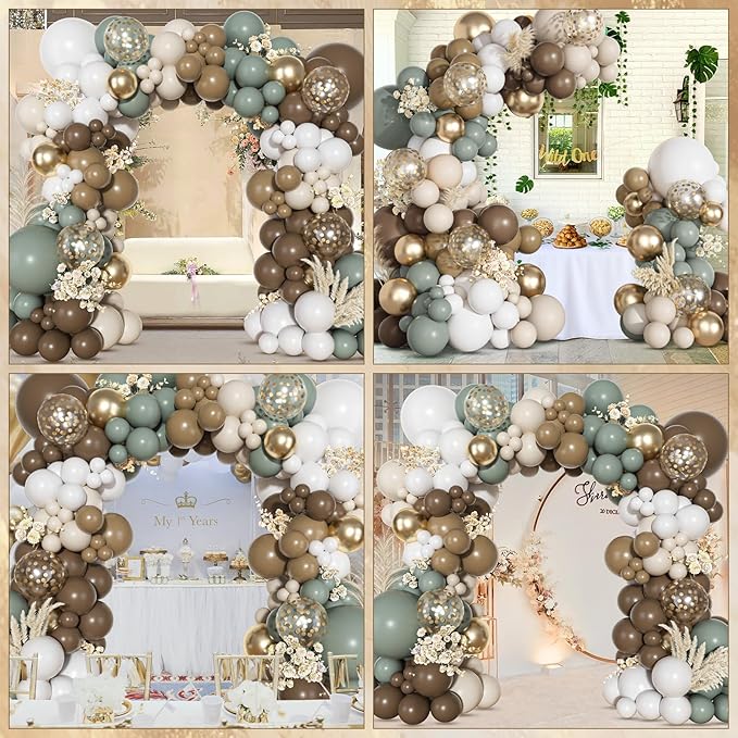 Ouddy Party Dusty Green Nude Balloons Garland Arch Kit, Different Sizes 18 12 10 5 Inch Sage Green Brown White Sand Beige Cream Latex Confetti Balloon for Neutral Baby Shower Birthday Party Decoration