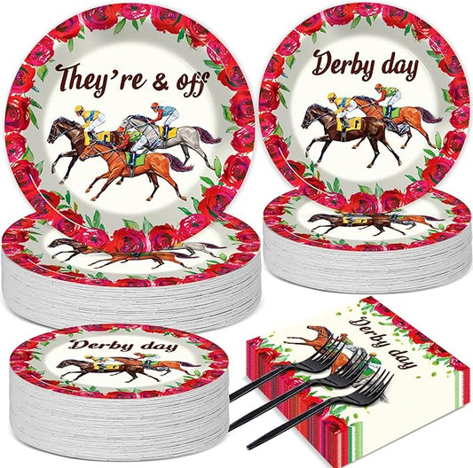 50 Guests Derby Day Plates and Napkins Party Supplies Kentucky Horse Racing Party Decorations Disposable Tableware Set Run for the Roses Dinnerware Favor for Race Day Kentucky Horse Party, 200PCS