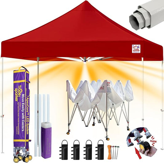 Tradesparker 10x10 Pop Up Canopy Tent,Commercial Movable Canopy with ApexCore LED&Rugged Casters-Instant Easy Setup Shelter Canopies with Weight Bags&Stakes for Outdoor Events Markets Vendors,Red