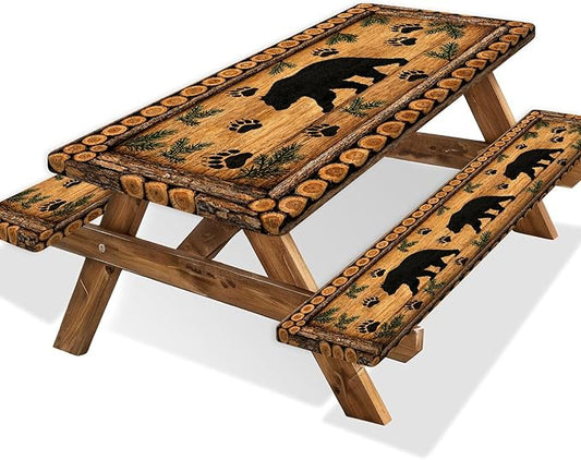 Forest Theme Picnic Table Cover with Bench Covers 6FT, Camping Essentials, Wood Grain Bear Waterproof Windproof Oilproof, Fitted Tablecloth Cover with Elastic Edge for Outdoor Garden 3 PCS 30x96 Inch