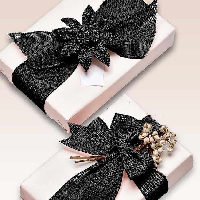 Black Burlap Ribbon 1-1/2 inch X 10 Yard Natural Burlap Woven Ribbons DIY Handmade Edging Production Wreath Holiday Decoration Gift Ribbon for Gift Wrapping Jute Linen Black Ribbons