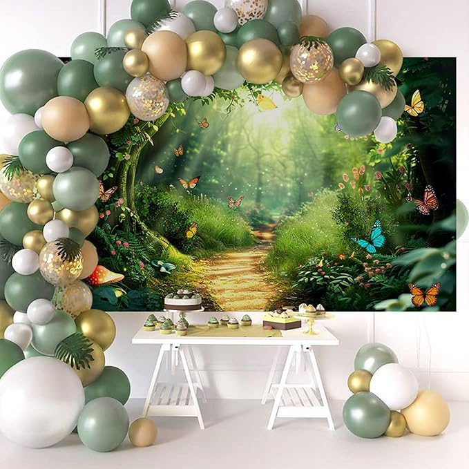 Mocsicka Enchanted Forest Backdrop Fairy Magic Wonderland Birthday Party Decorations for Girls Butterfly Garden Photography Background (Green, 70.8x43.3 inch)