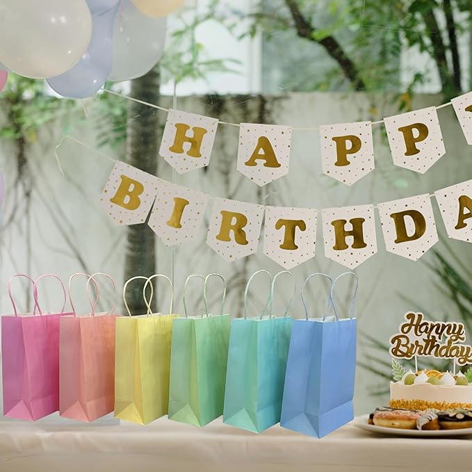Bon et Beau Pastel Rainbow Paper Gift Bags 30 Packs - 6 Assorted Colors, 5.9 x 8.25 x 3.15 Inch Small Kraft Paper Party Favor Bags with Handles Perfect for Birthdays, Baby Showers, Weddings, and Holiday Parties