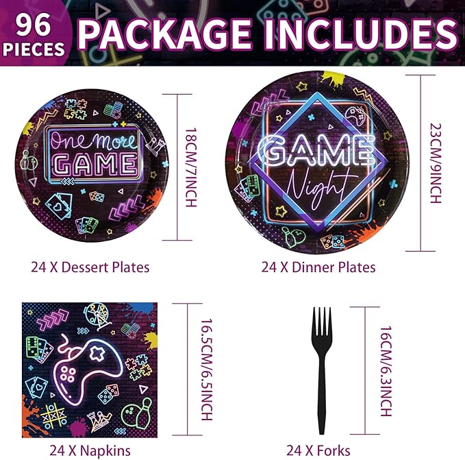 96Pcs Video Game Party Decorations Glow Neon Game On Plates and Napkins Tableware Set Game Night Decorations for Adults Game On Gamer Birthday Sleepover Slumber Prom Gaming Party Supplies Serves24