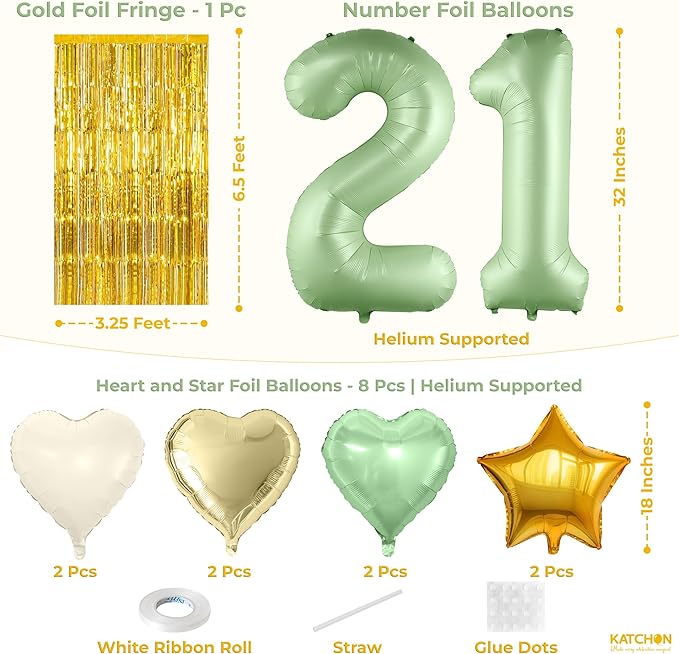 KatchOn, Sage Green 21st Birthday Decorations Set – Pack of 49 | Sage Green 21 Balloon Number, Star, Heart & Confetti Balloons, Gold Backdrop | 21st Sage Green Birthday Decorations for Him, Her
