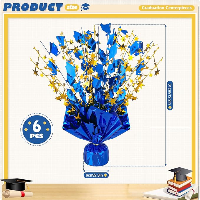 6 Packs Graduation Decorations Centerpieces for Tables Metallic Foil Star Graduate Cap Burst Tabletop Display in Blue and Gold for 2026 Grad Ceremonies Celebrations Party Decor Supplies 12"