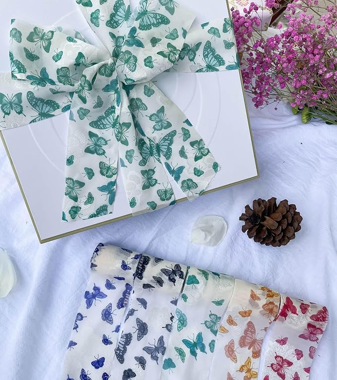 5 Rolls Chiffon Ribbon with Butterfly Print | 2" x5 Yards Frayed Edge Craft Ribbons for Wedding Bouquets, Gift Wrapping, Party Decorations