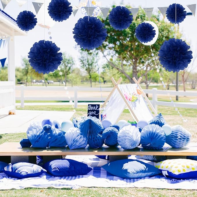 20 PCS Royal Blue Tissue Paper Pom Poms, Tissue Pom Poms Flowers, Sizes of 6", 10", 12", 14" Hanging Paper Flower Ball for Wedding, Birthday, Halloween, Christmas, Baby Shower Party Decor