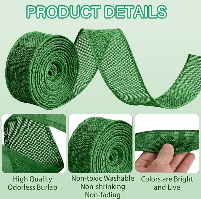Dark Green Burlap Ribbon 1 1/2 inch X 10 Yard Natural Dark Green Woven Ribbon DIY Handmade Solid Wired Edging Production Wreath Holiday Decoration Gift Ribbon Gift Wrapping Dark Green Ribbon
