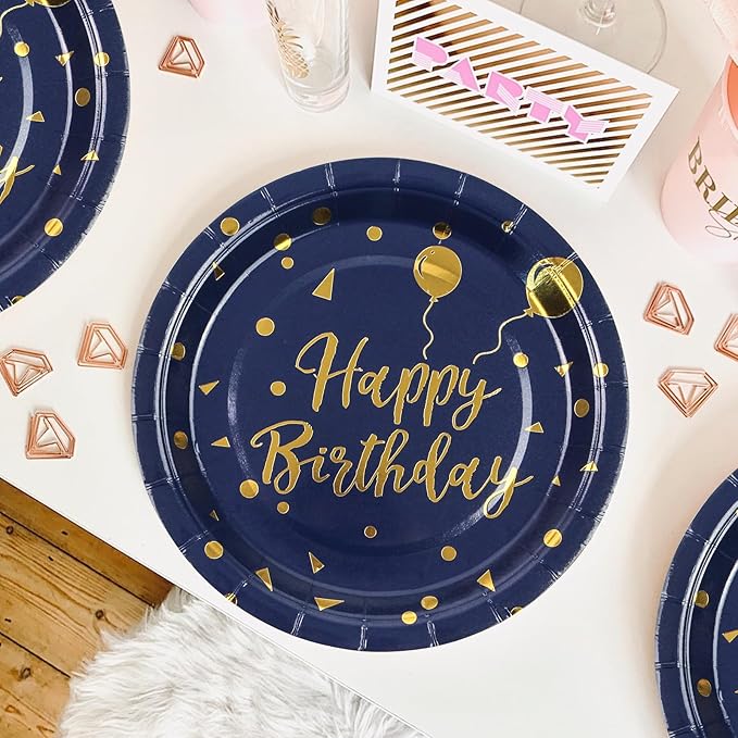 96PCS Happy Birthday Plates and Napkins Party Supplies, Black and Gold Disposable Paper Plates and Napkins with Forks Tableware Set for Birthday Party Decorations 24 Guests (Birthday Blue)