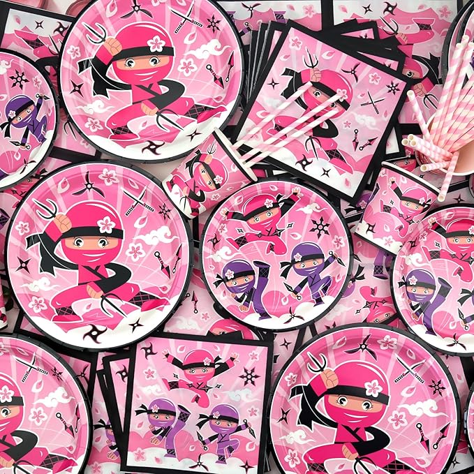 Ninja Girl Party Supplies - Party Tableware - Dinner Plates Dessert Plates Cups Napkins Tablecover Straws for Ninja Master Girls Princess Baby Shower, Serves 40 (40)